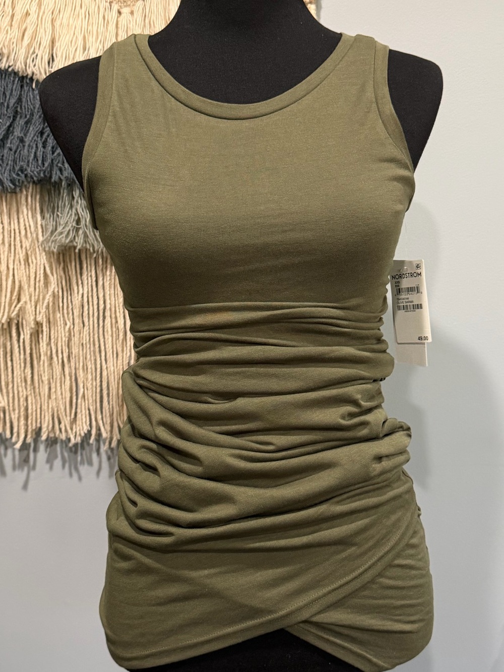 Treasure & Bond Ruched Bodycon Midi Dress Olive Green XXS NWT Sleeveless Stretch
